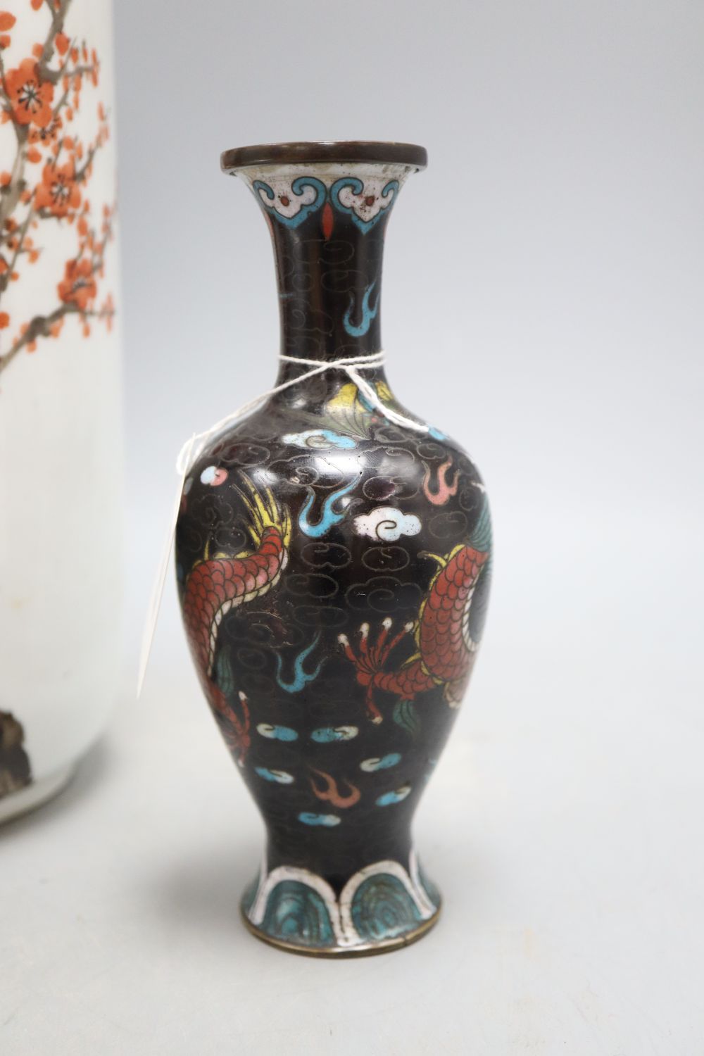 A Chinese vase, a cloisonne dragon vase and a hardstone carving, tallest 31cm